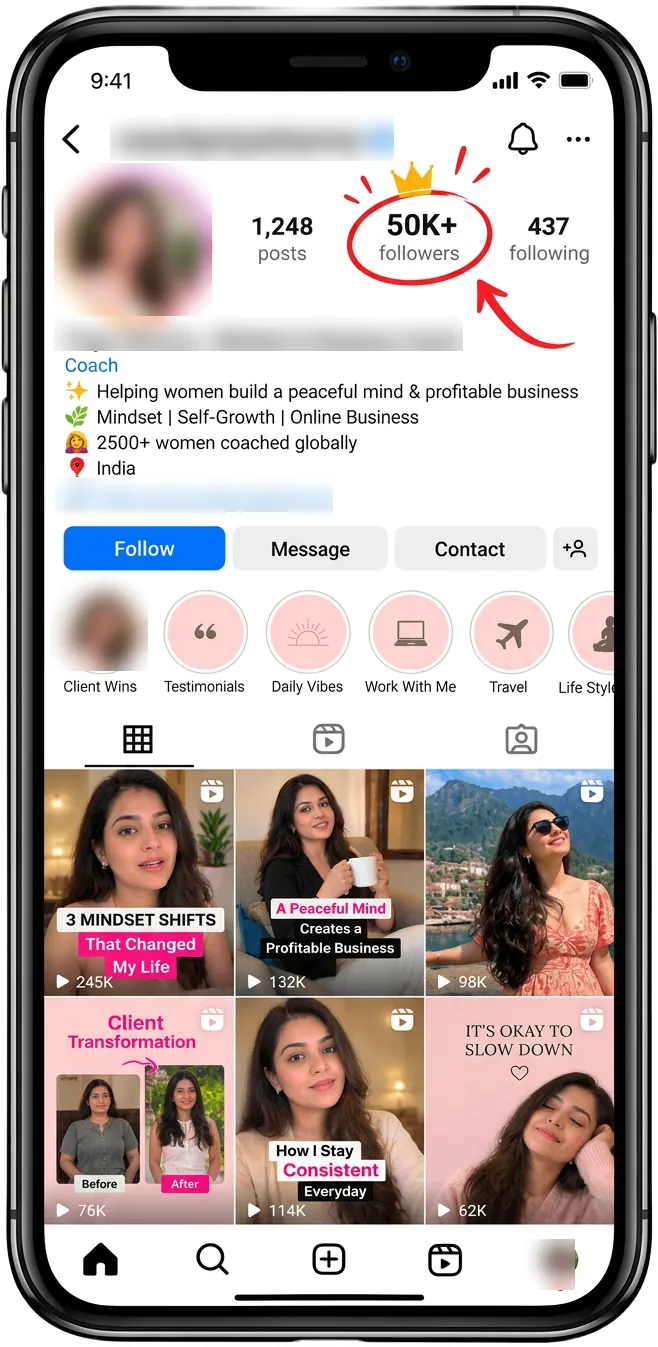 Sample Instagram profile mockup of a coach's account with educational content posts