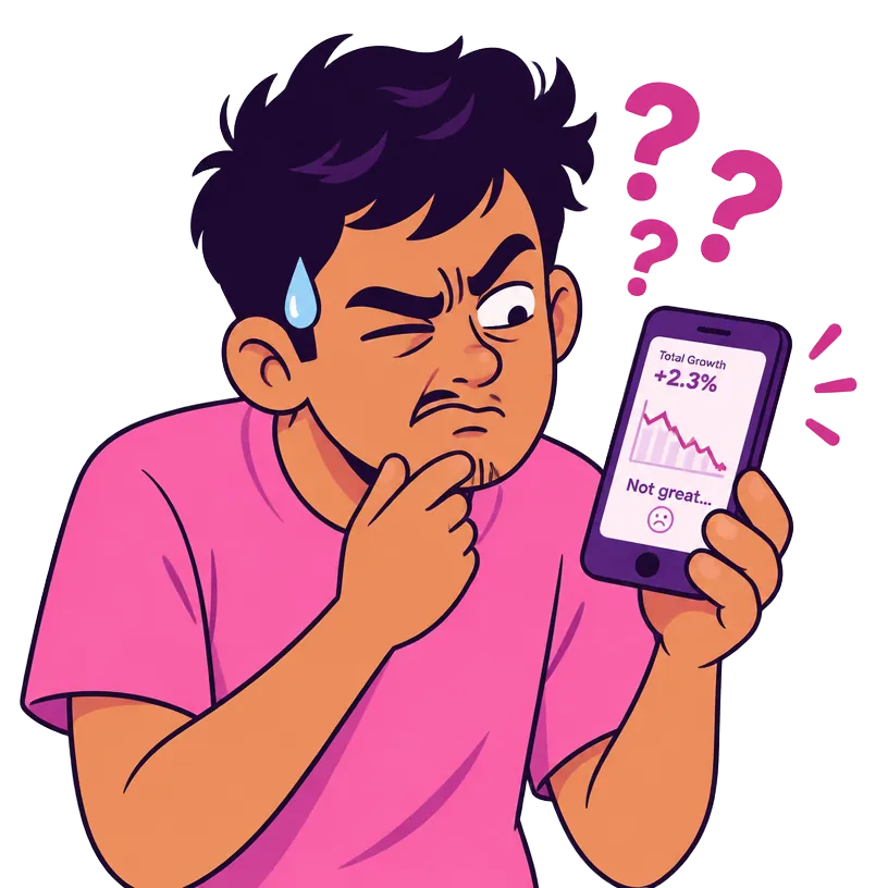 Illustration of a confused creator squinting at a low-performing Reel on their phone