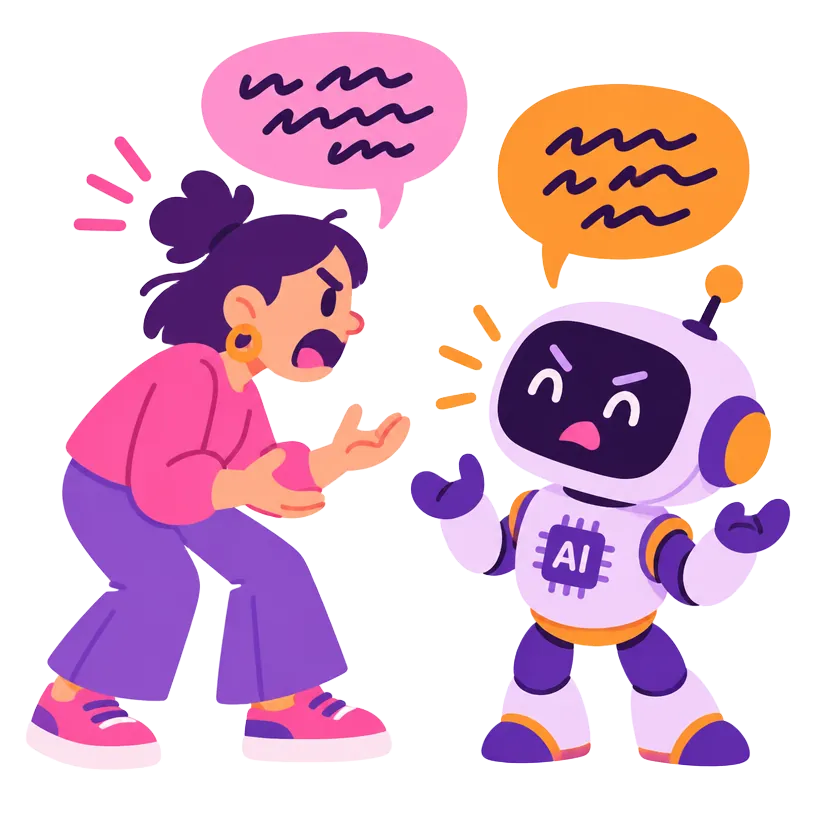 Illustration of a creator arguing with a cartoon algorithm robot