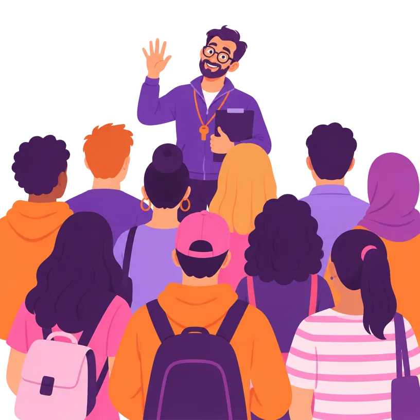 Illustration of a coach waving behind a crowd that cannot see them