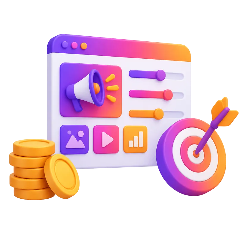 Illustration of an ad campaign setup panel with budget coins and a target