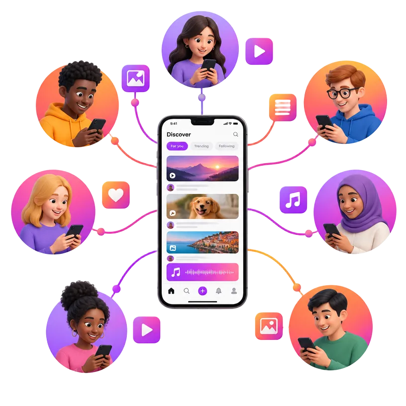 Illustration of many people discovering a creator's content on their phones